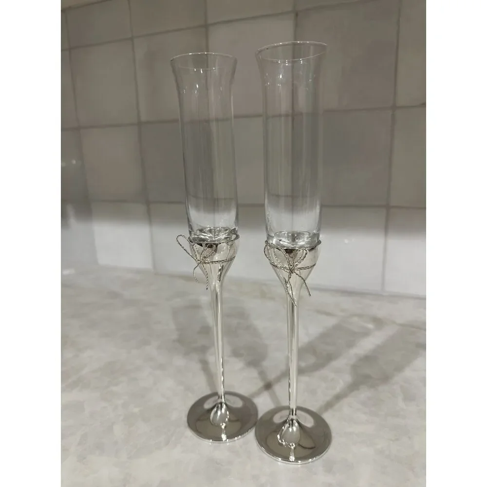 Vera Wang Wedgwood Love Knots Silver Toasting Champagne Flutes Set of 2